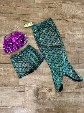 NWT Kids Mermaid Costume Set Size 120 (Fits 6–8) Purple Ruffle Top Green Scale S
